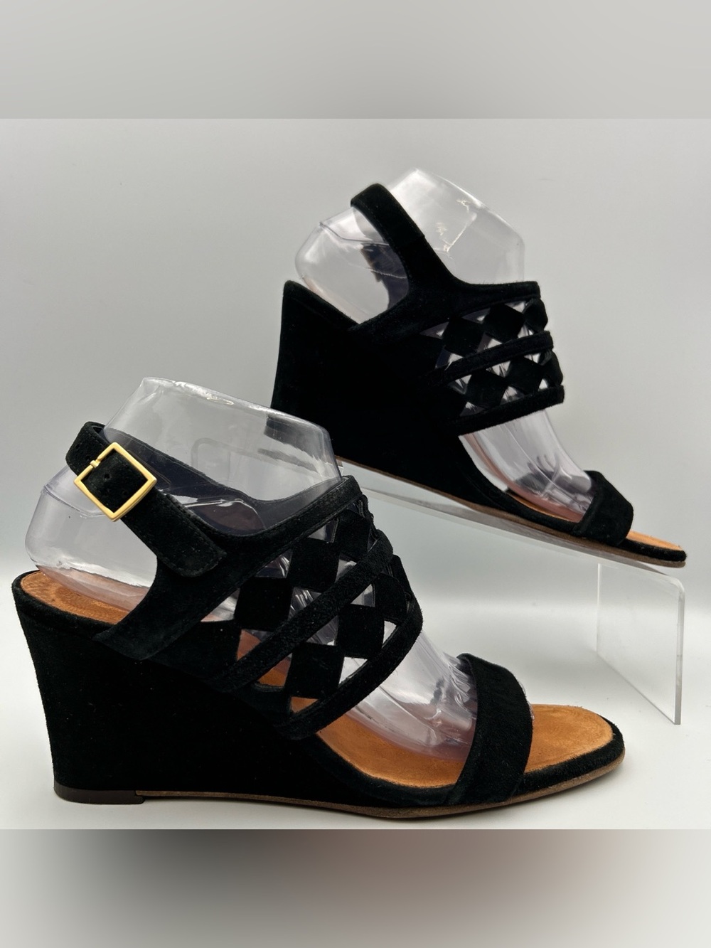 Chie Mihara Wedge Heel Sandals Womens 9.5 Black Suede Slingback Dress Evening